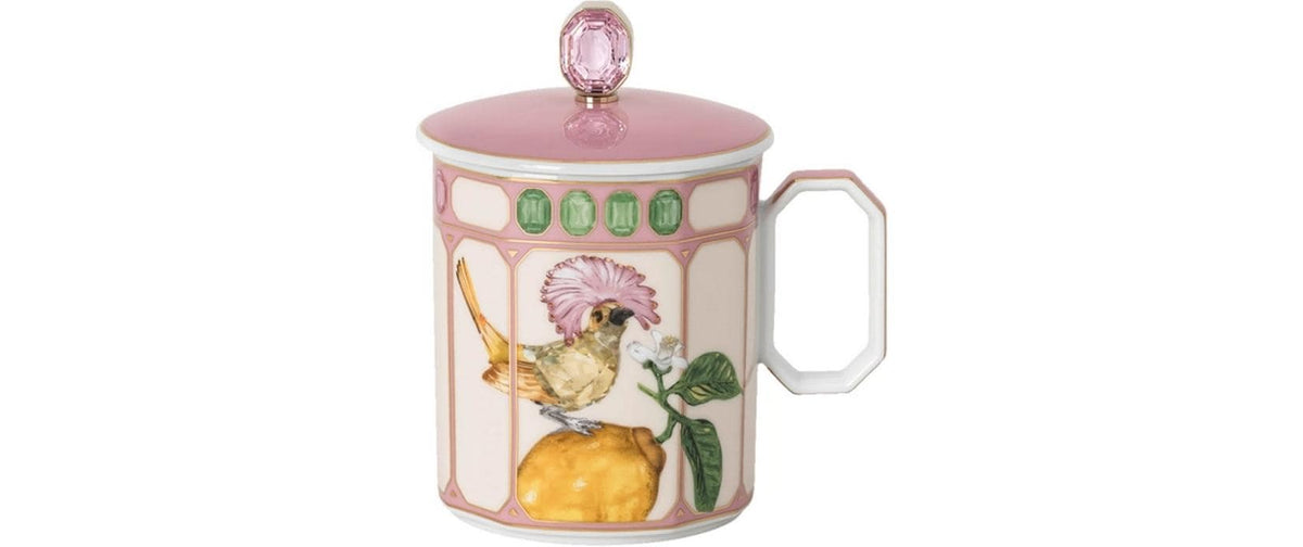 Rosenthal Becher IDYLLIA Flycatcher – 390 ml, Ø 8,6 cm, H 10,4 cm, Porzellan, Weiss/Pink/Gold, mit Deckel