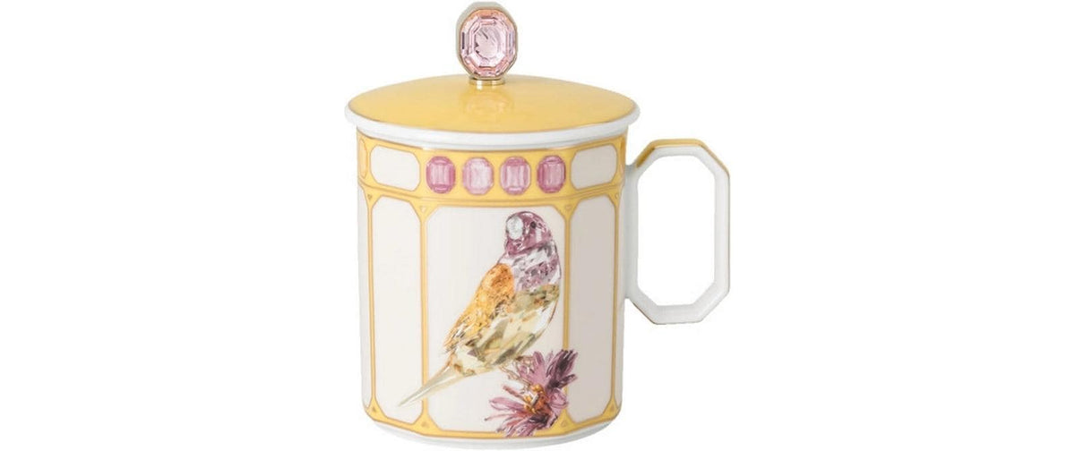 Rosenthal Kaffeebecher IDYLLIA Finch – 390 ml, Ø 8,6 cm, Porzellan, Weiss/Gelb, mit Deckel