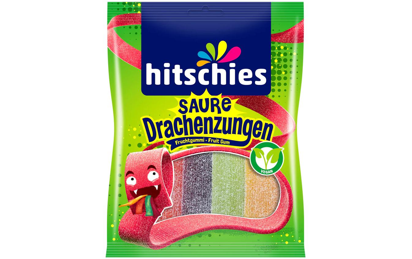 Hitschies Bunte Drachenzungen Fruchtgummi – sauer, 4 Geschmacksrichtungen, vegan – 125 g