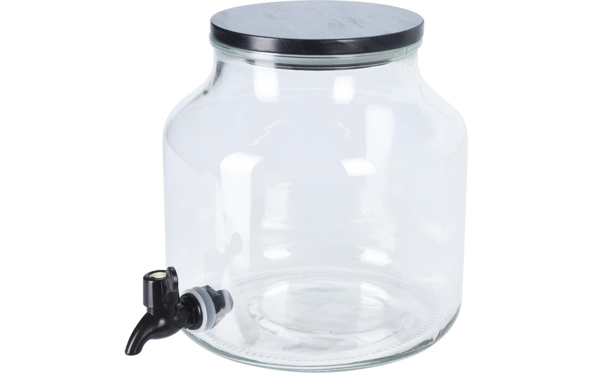 Nize Getränkespender – 5,2 l, Ø 20,5 cm, Glas/Kiefer/Kunststoff (PP), mit Holzdeckel und PP-Hahn