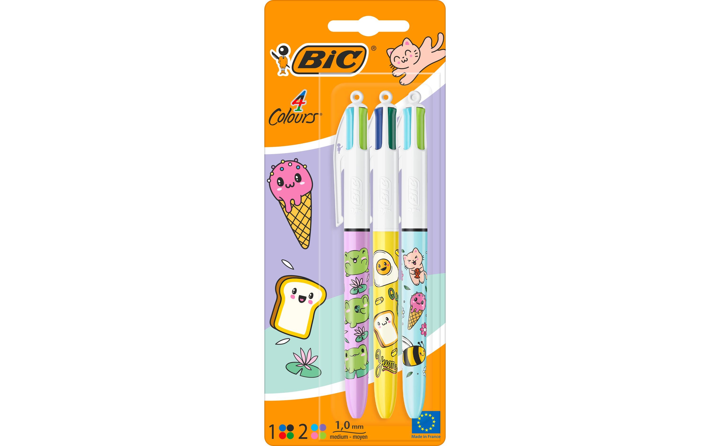BIC 4 Colours Kawaii Multifunktions-Kugelschreiber – 4 Farben, Gelb, 3er Pack