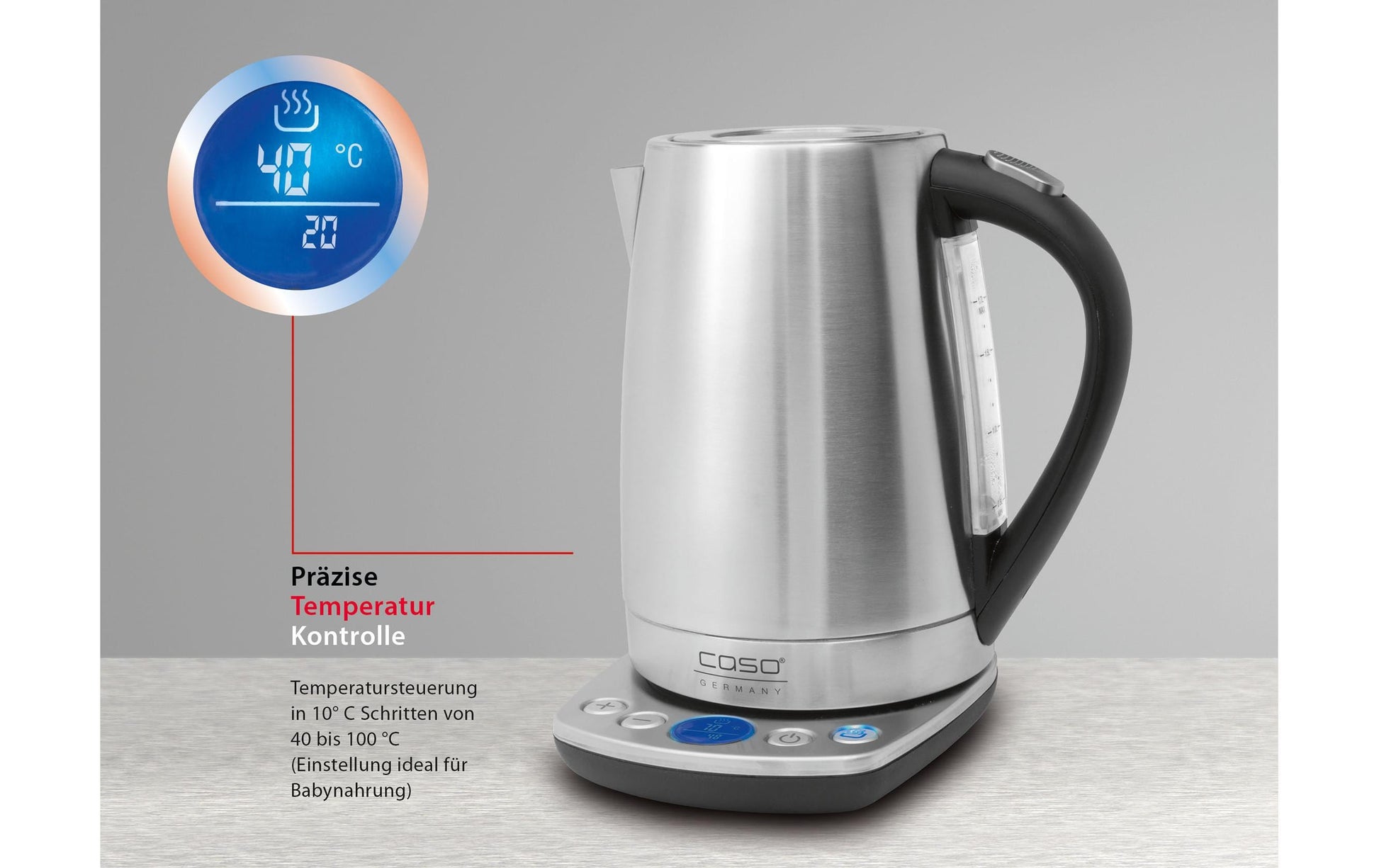 Caso Wasserkocher WK 2200 – 1,7 l, Edelstahl, Kunststoff, Temperaturwahl, Warmhaltefunktion, 2000 W