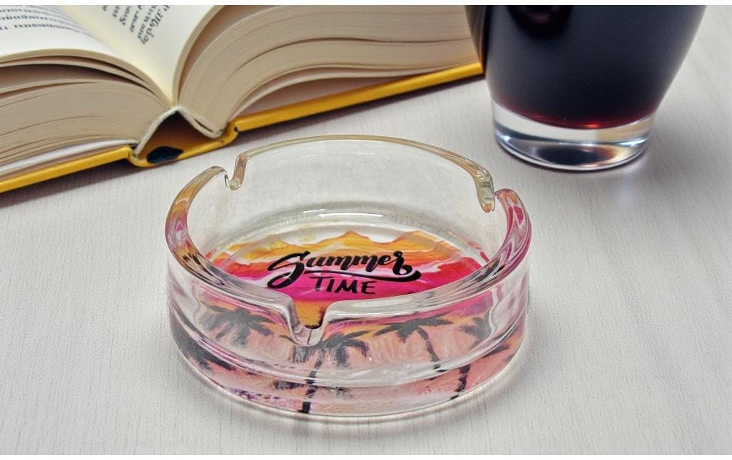Dameco Aschenbecher Summer Time – Ø 10 cm, H 3,5 cm, Glas, Transparent