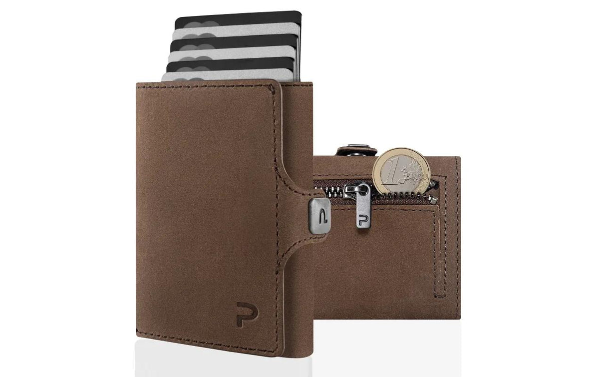 Puristo Slim Wallet – RFID-Schutz, 72 × 89 × 21 mm – Hellbraun, Aluminium/Rindsleder – KLIK ZIP