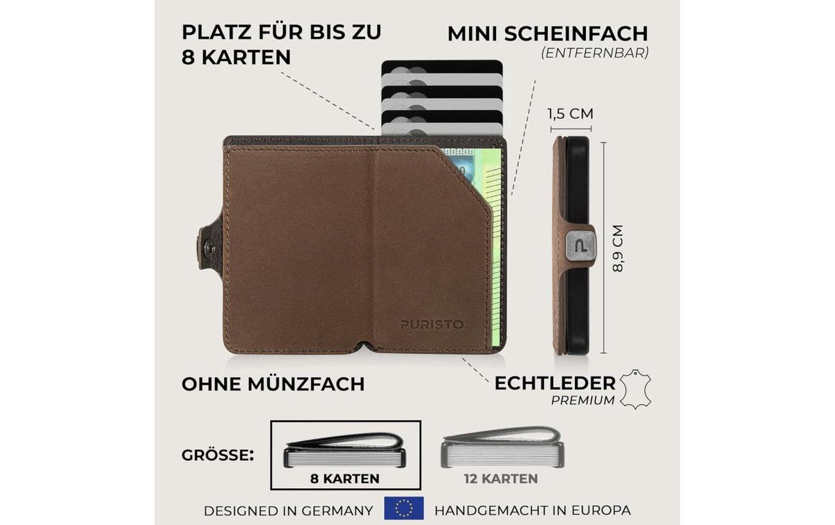 Puristo Kartenetui (Slim Wallet) – RFID-Schutz, ohne Münzfach – 64×89×16 mm – Braun, Aluminium, Rindsleder