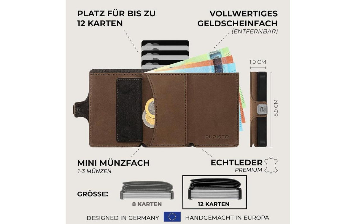 Puristo Kartenetui KLIK MAGNET – RFID-Schutz, mit Münzfach, Magnetverschluss – 64×89×19 mm – Braun