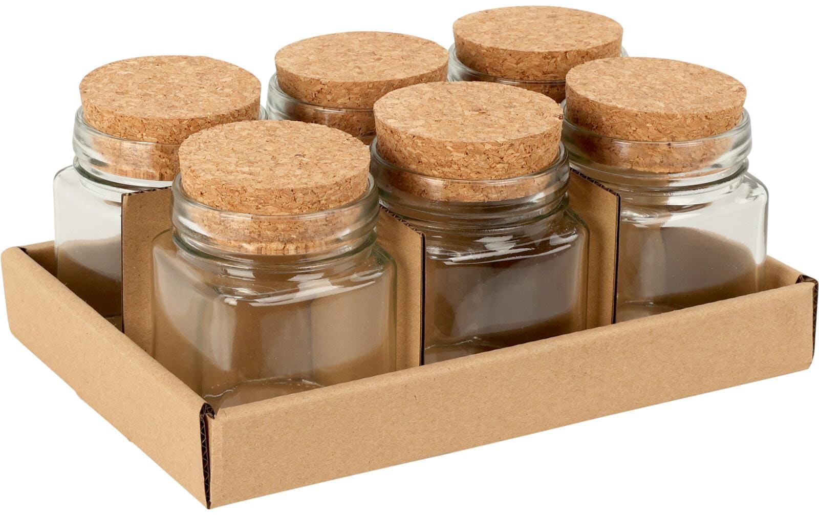 Nize COCON Vorratsglas – 6er Set, 160 ml, 6,5 × 6,5 × 9,0 cm, Glas/Kork, mit Korkdeckel, spülmaschinenfest