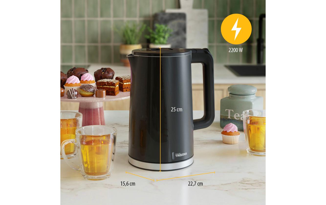 Tristar Wasserkocher Cool Touch WK-3407 – 1,7 l, Edelstahl, Kunststoff, 2200 W, Schwarz, 360°-Sockel