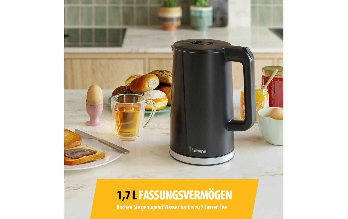 Tristar Wasserkocher Cool Touch WK-3407 – 1,7 l, Edelstahl, Kunststoff, 2200 W, Schwarz, 360°-Sockel