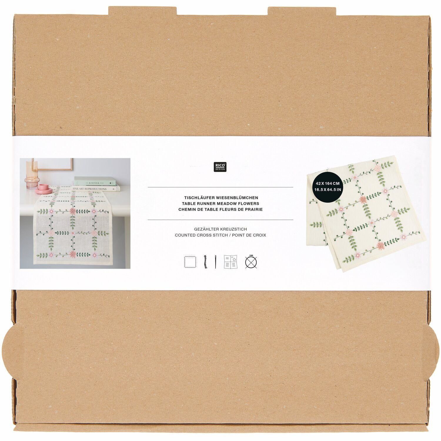 Rico Design Stick-Set Tischläufer Wiesenblümchen – 42 × 164 cm – 100% Leinen
