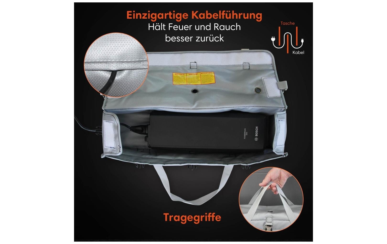 Mwave Vlitex – XL Akku-Tasche – Brandschutztasche – für E-Bike-Akkus – 11 cm tief – Grau – Glasfasergewebe