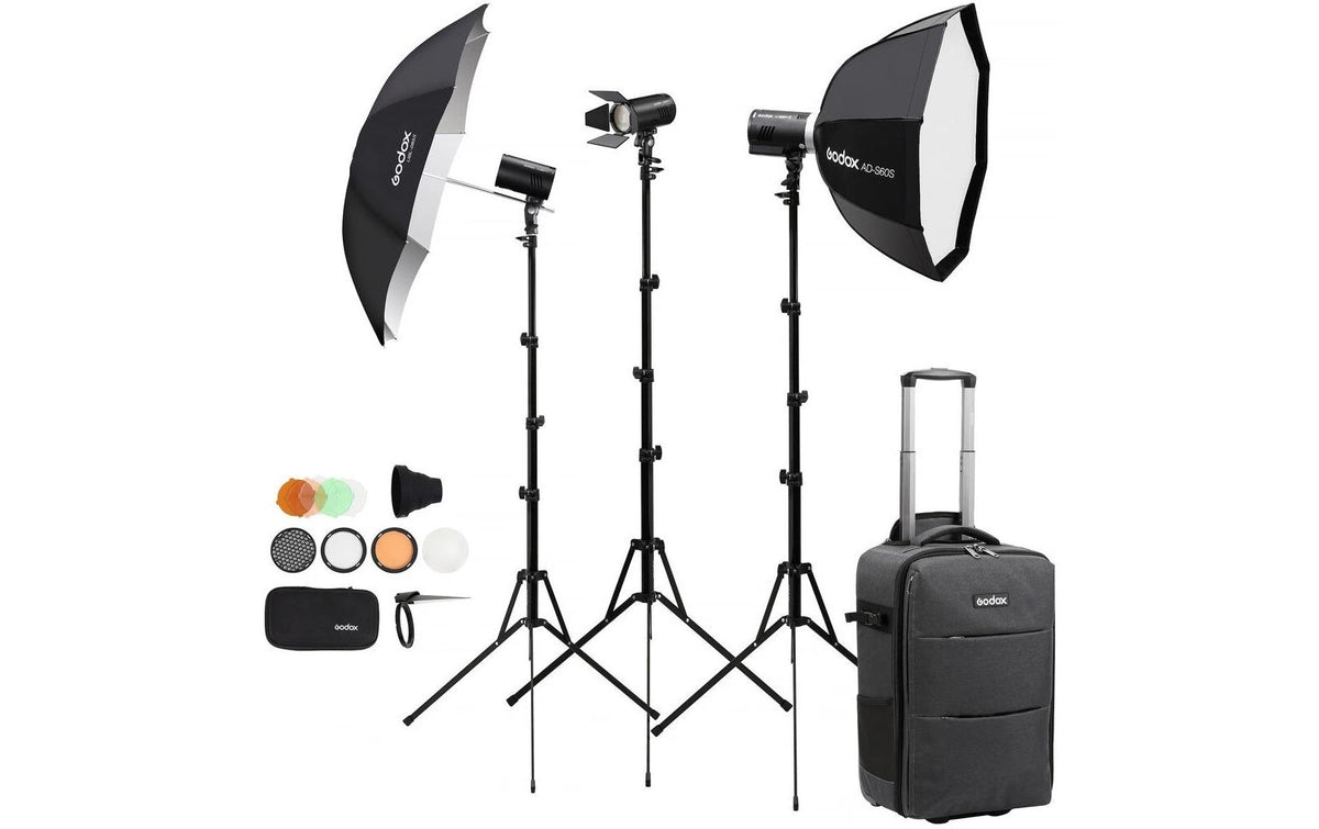 Godox AD-KIT 3-Licht Blitz-Kit – Leitzahl 90, Akku 2600 mAh – für Canon, Fujifilm, Godox und andere