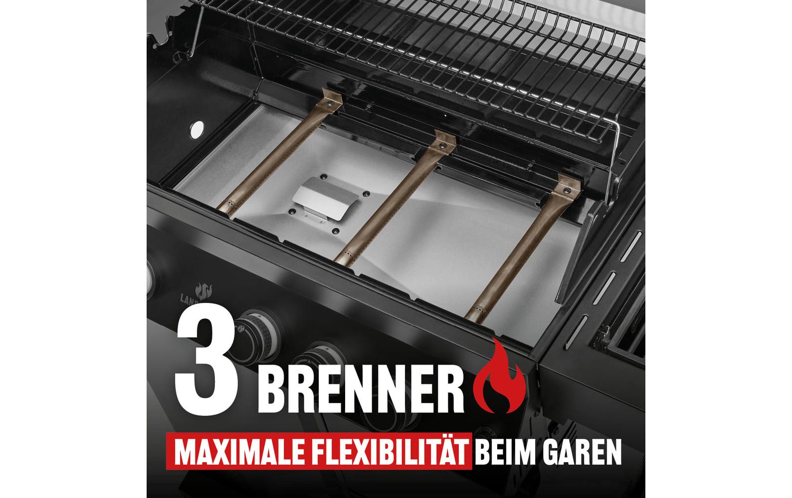 Landmann Gasgrill Cool Black 3.1 – 3 Brenner, 3116 cm² Grillfläche, Infrarot-Heckbrenner – schwarz