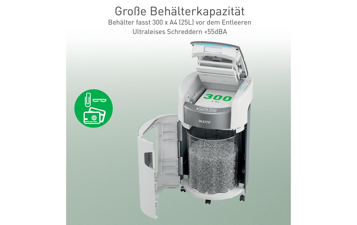 Leitz bürogeräte Leitz IQ OptiMax Autofeed 300X Aktenvernichter – Partikelschnitt, P-4, 4 × 10 mm, AutoFeed 300 Blatt, 25 l