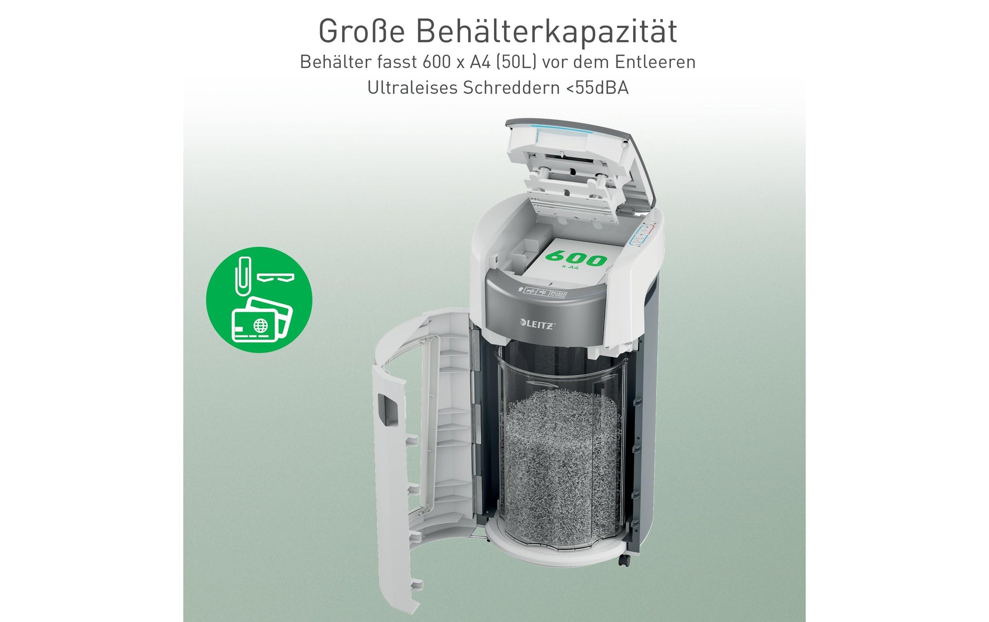 Leitz bürogeräte Leitz IQ OptiMax Autofeed 600M Aktenvernichter – Mikroschnitt, P-5, 2 × 15 mm, AutoFeed 600 Blatt, 50 l