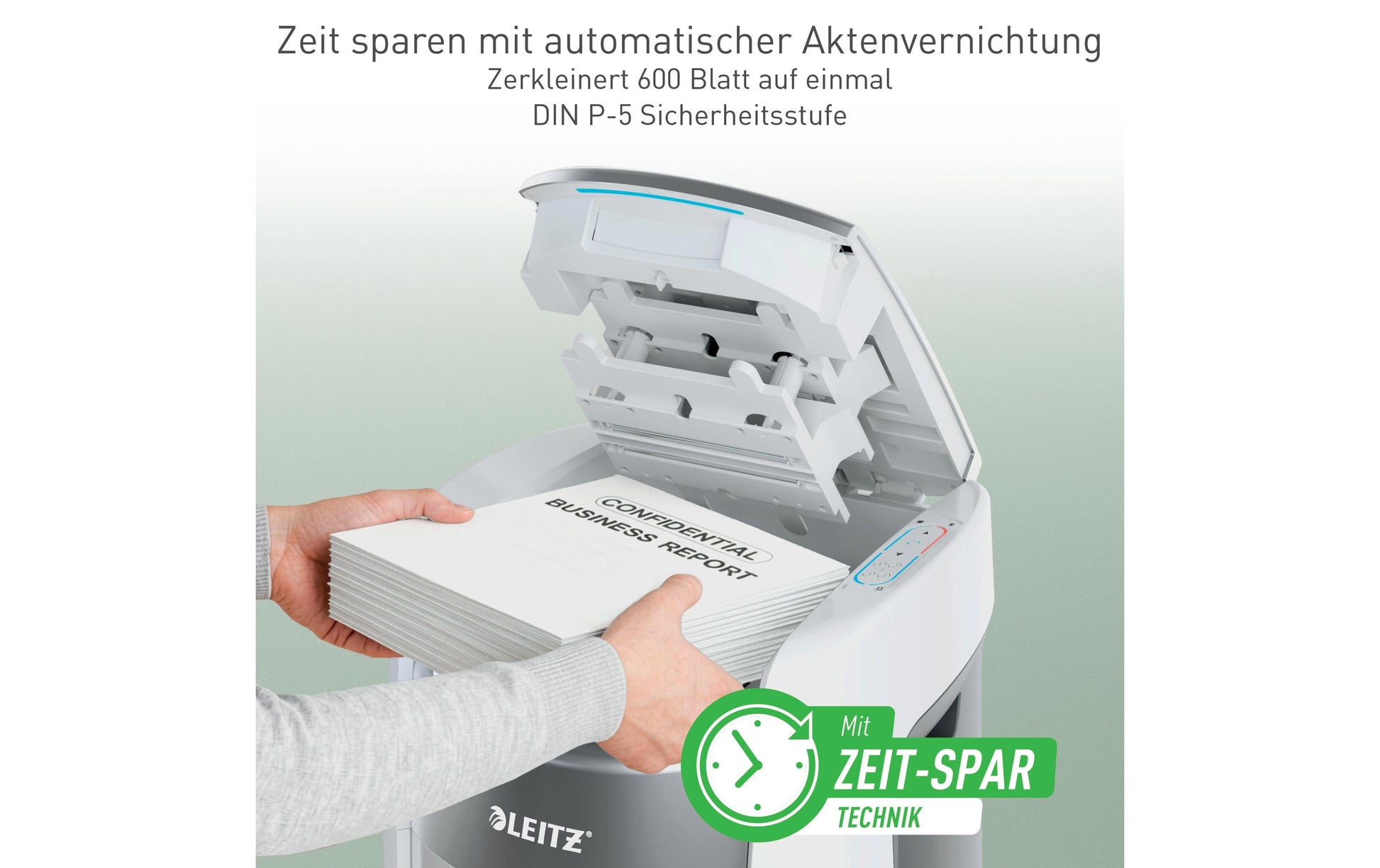 Leitz bürogeräte Leitz IQ OptiMax Autofeed 600M Aktenvernichter – Mikroschnitt, P-5, 2 × 15 mm, AutoFeed 600 Blatt, 50 l