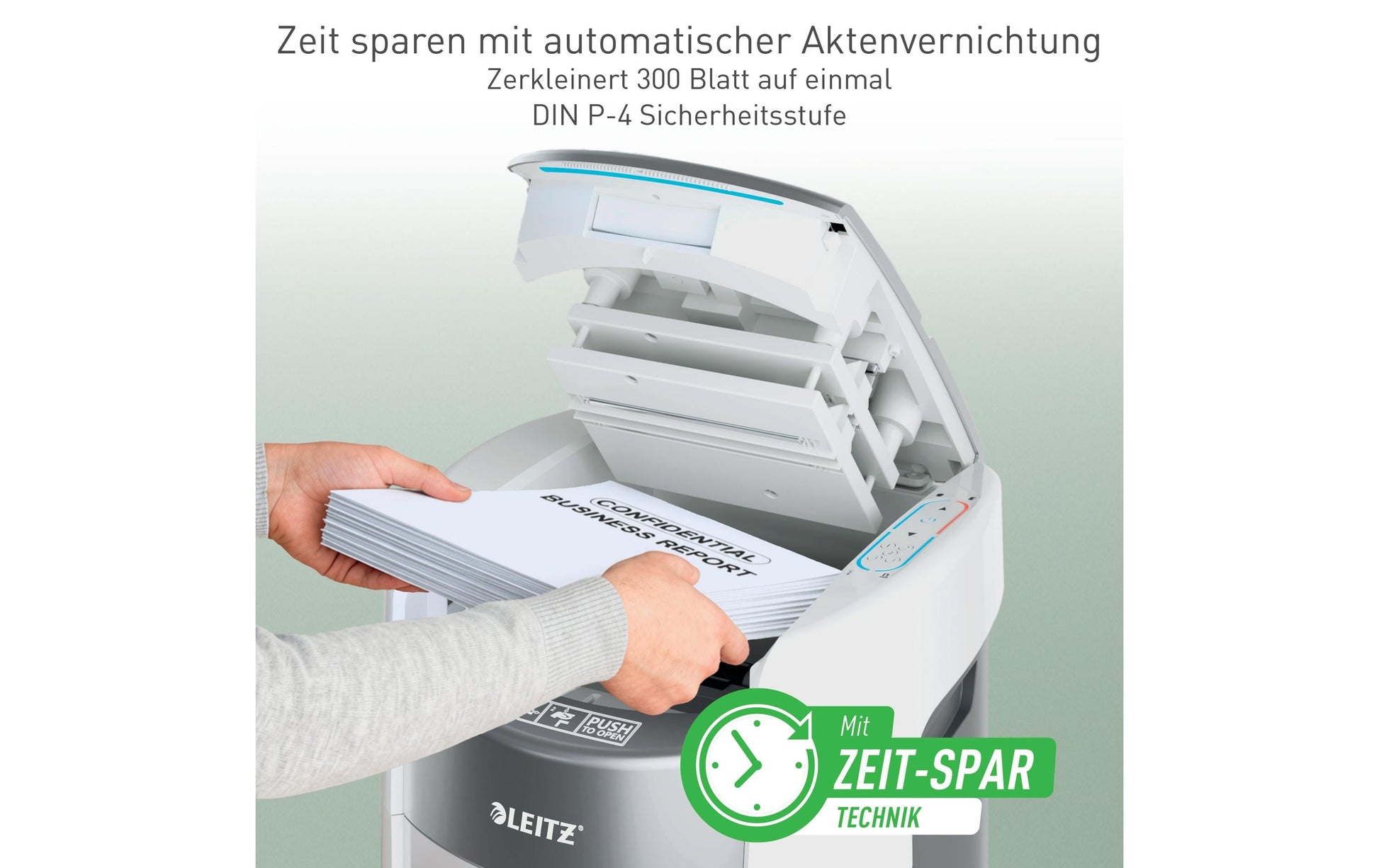 Leitz bürogeräte Leitz IQ OptiMax Autofeed 300X Aktenvernichter – Partikelschnitt, P-4, 4 × 10 mm, AutoFeed 300 Blatt, 25 l