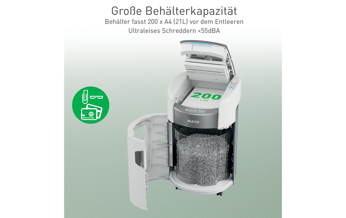 Leitz bürogeräte Leitz IQ OptiMax 200M Aktenvernichter – Mikroschnitt, P-5, 2 × 15 mm, AutoFeed 200 Blatt, 21 l, Kreditkarten