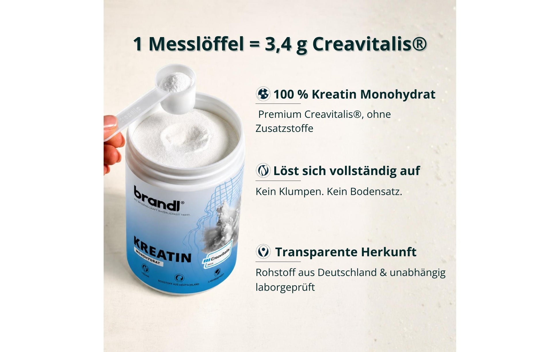 Brandl-nutrition Creavitalis Kreatin Monohydrat Pulver Neutral – vegan – 300 g