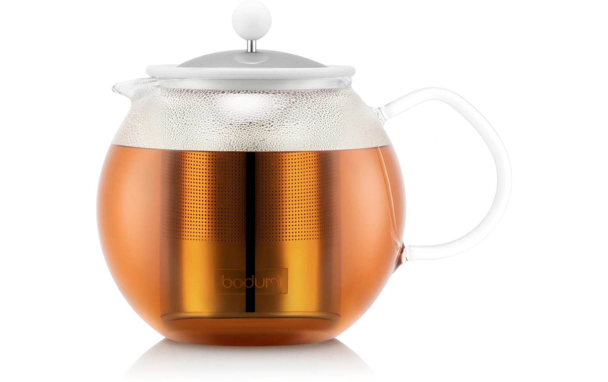 Bodum Assam – Teekanne, 1,0 l, Borosilikatglas/Edelstahl, Edelstahl-Teesieb, Weiss