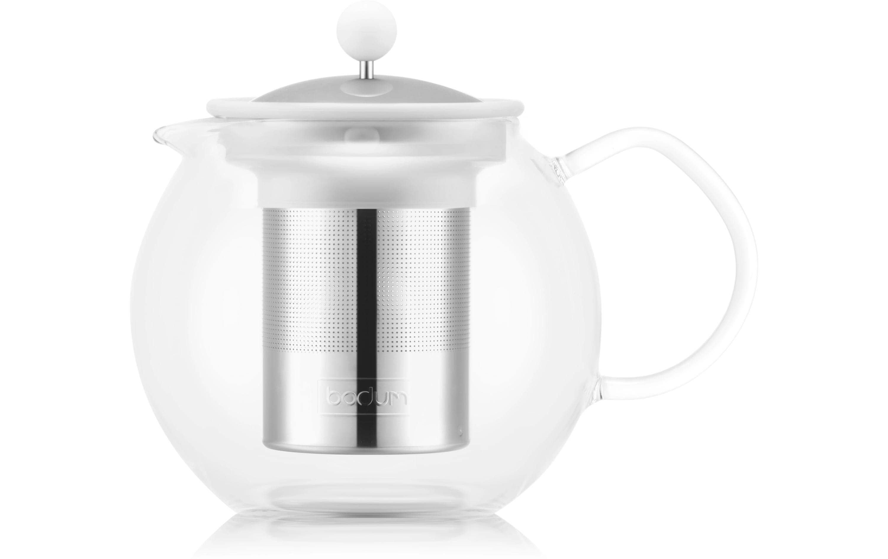 Bodum Assam – Teekanne, 1,0 l, Borosilikatglas/Edelstahl, Edelstahl-Teesieb, Weiss
