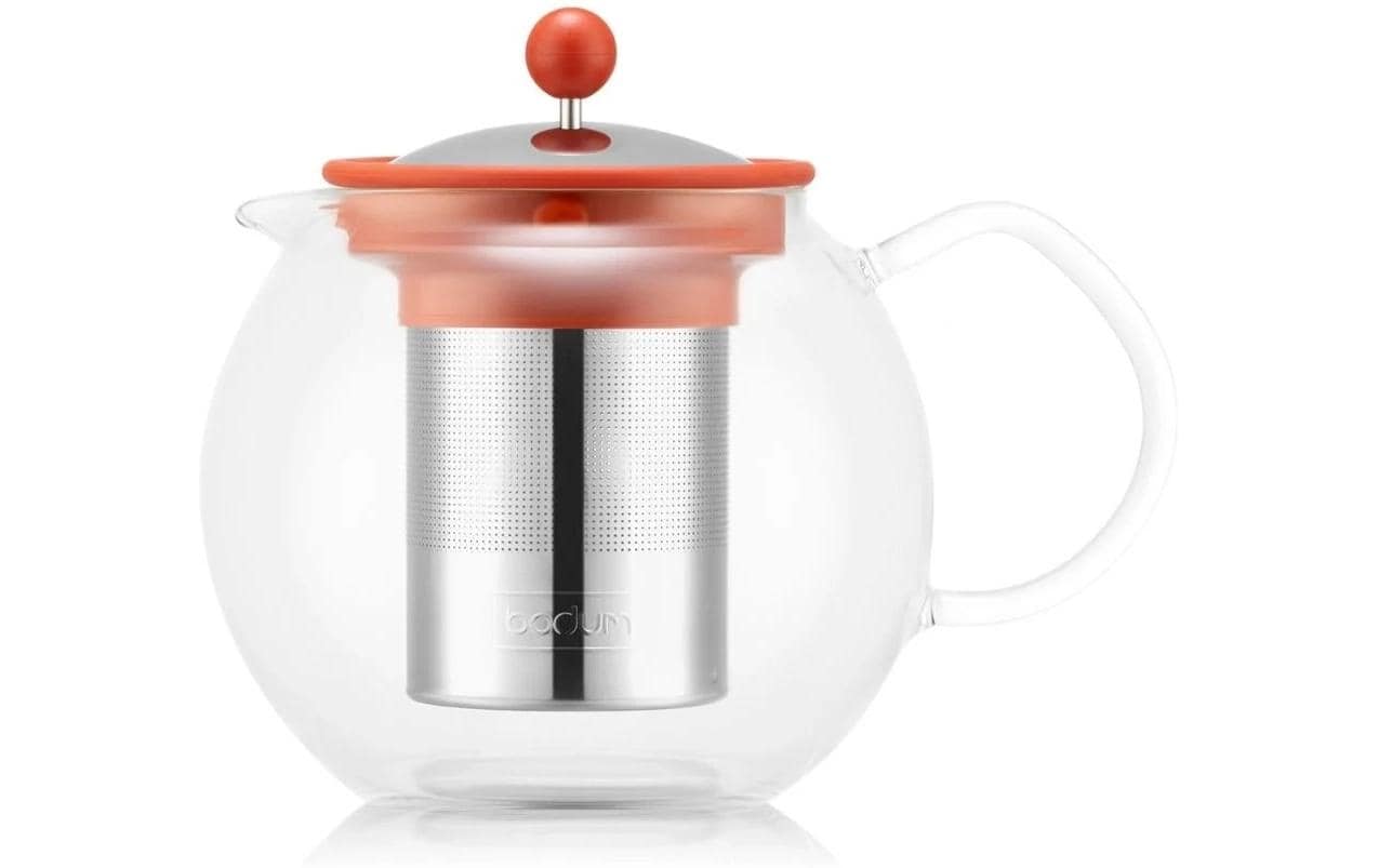 Bodum Assam – Teekanne, 1,0 l, Borosilikatglas/Edelstahl, Edelstahl-Teesieb, Rot