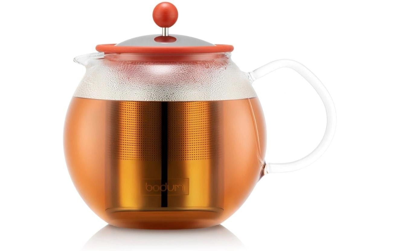 Bodum Assam – Teekanne, 1,0 l, Borosilikatglas/Edelstahl, Edelstahl-Teesieb, Rot