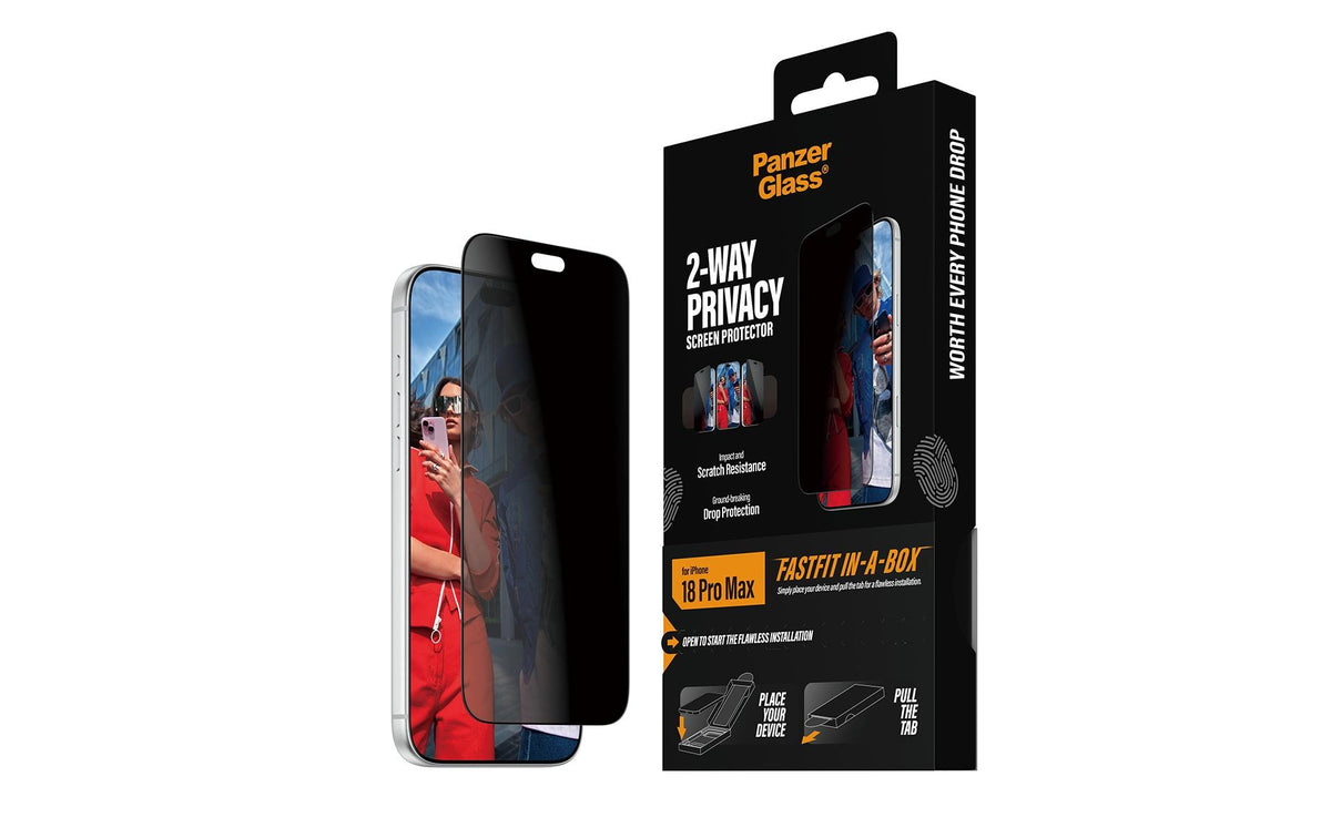PanzerGlass Privacy-Filter (Folie), Ultra-Wide Fit – für iPhone 18 Pro Max – mit Applikator