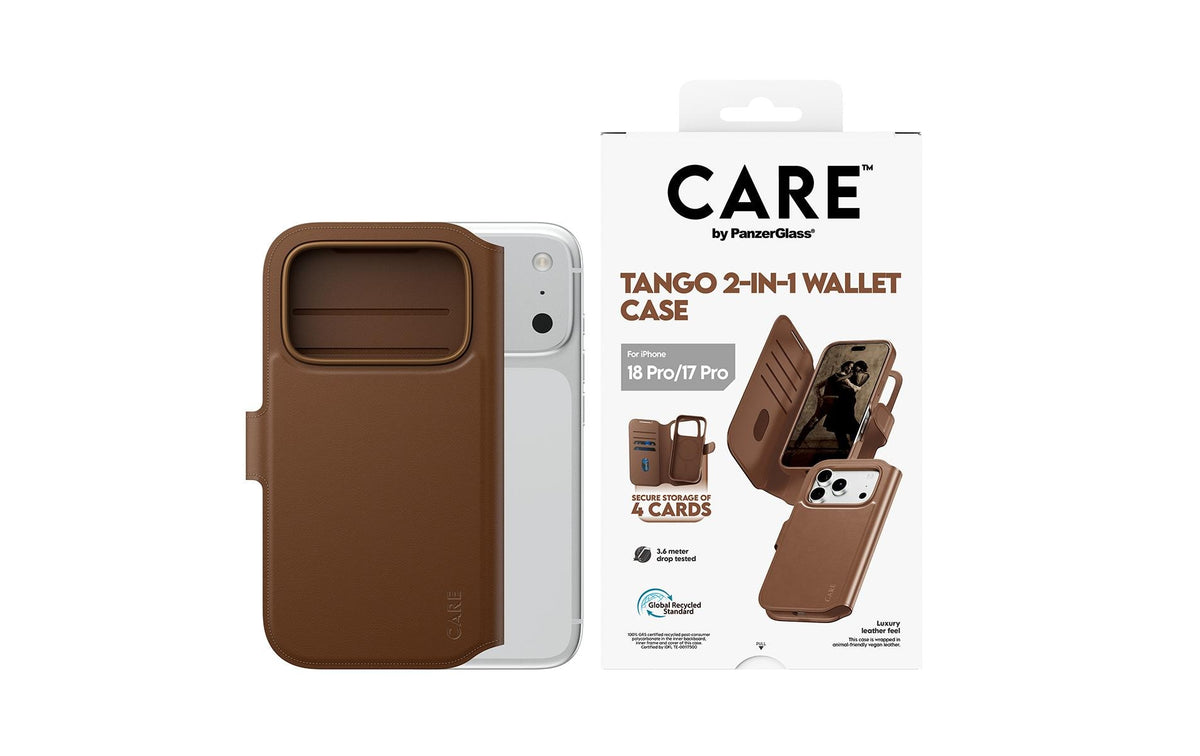 PanzerGlass CARE Tango Wallethülle – für Apple iPhone 18 Pro/17 Pro, MagSafe, Recycling-Kunststoff, Braun