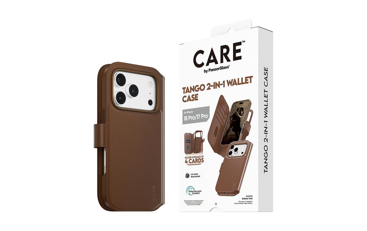 PanzerGlass CARE Tango Wallethülle – für Apple iPhone 18 Pro/17 Pro, MagSafe, Recycling-Kunststoff, Braun