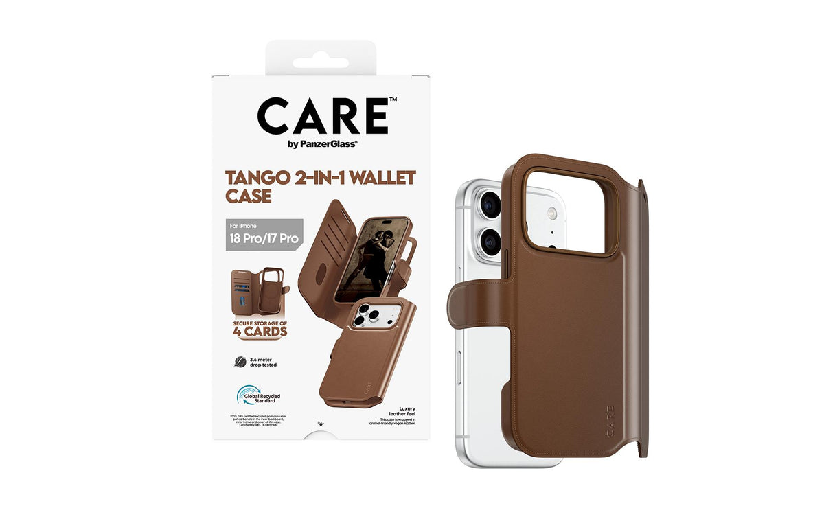 PanzerGlass CARE Tango Wallethülle – für Apple iPhone 18 Pro/17 Pro, MagSafe, Recycling-Kunststoff, Braun