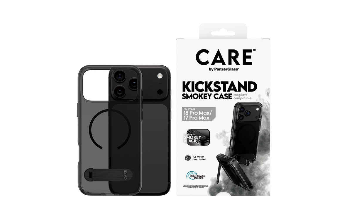 PanzerGlass CARE Kickstand – Backcover – für Apple iPhone 18 Pro Max / iPhone 17 Pro Max, PC+TPU, Smokey Schwarz