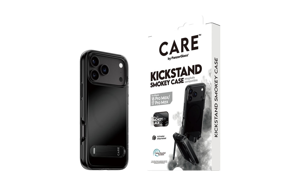 PanzerGlass CARE Kickstand – Backcover – für Apple iPhone 18 Pro Max / iPhone 17 Pro Max, PC+TPU, Smokey Schwarz