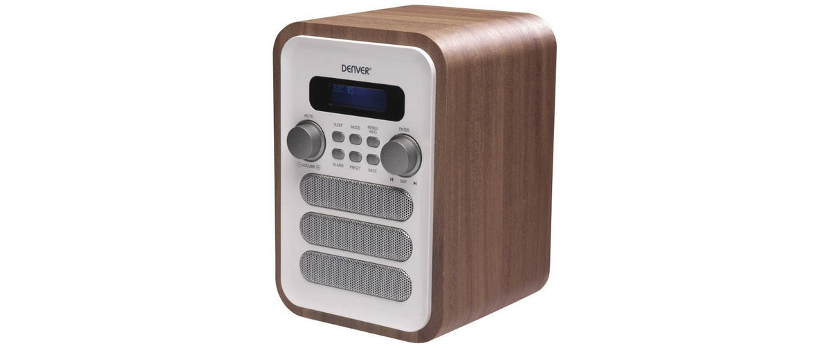 Denver DAB-48W – DAB+/UKW-Tischradio, Bluetooth, 2 Weckzeiten – Weiss/Holz