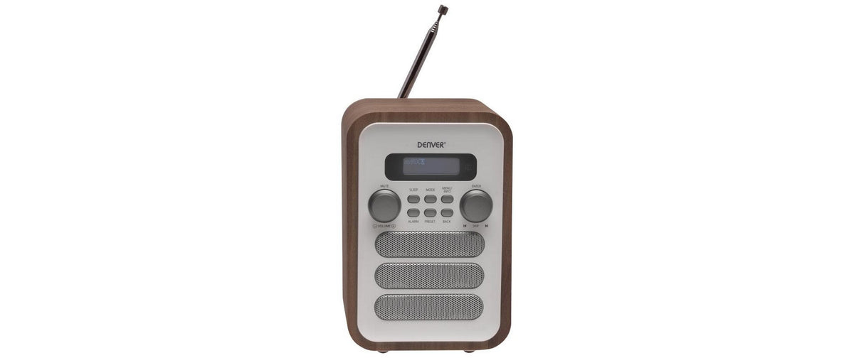 Denver DAB-48W – DAB+/UKW-Tischradio, Bluetooth, 2 Weckzeiten – Weiss/Holz
