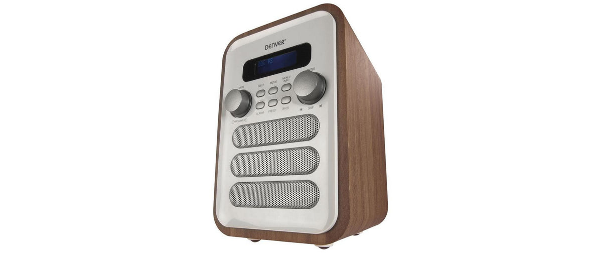 Denver DAB-48W – DAB+/UKW-Tischradio, Bluetooth, 2 Weckzeiten – Weiss/Holz