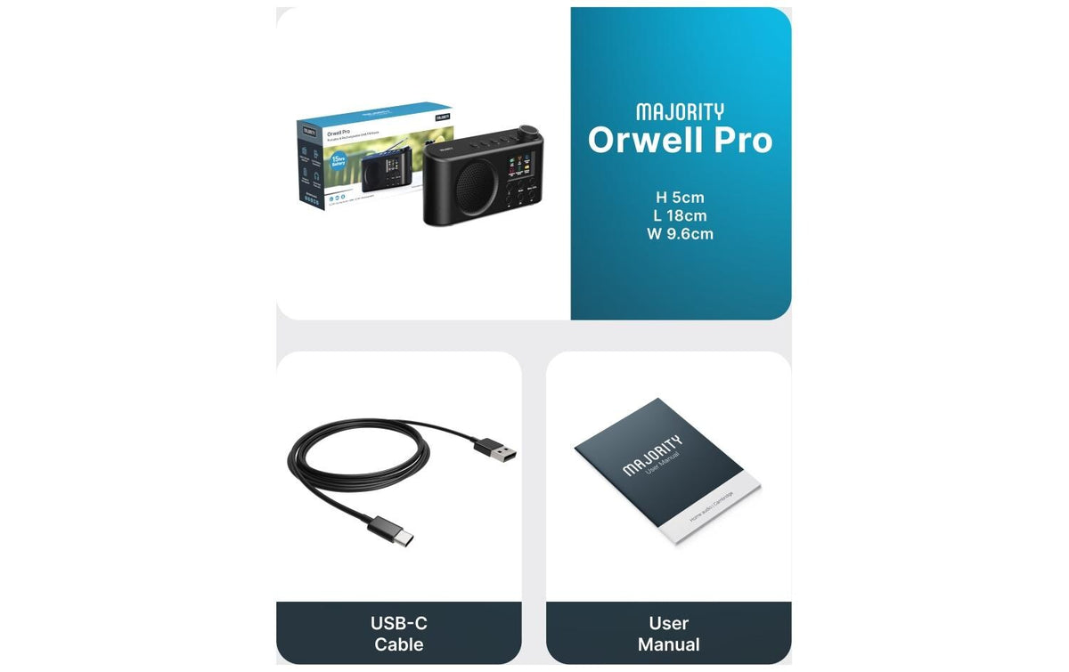 Majority Orwell-Pro – Tragbares DAB+ Radio, UKW, Bluetooth 5.2, Weckfunktion – Schwarz