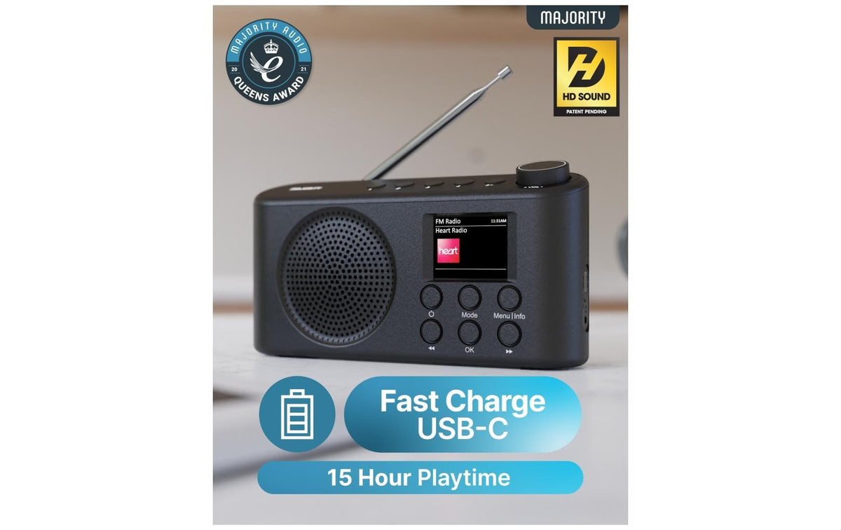 Majority Orwell-Pro – Tragbares DAB+ Radio, UKW, Bluetooth 5.2, Weckfunktion – Schwarz