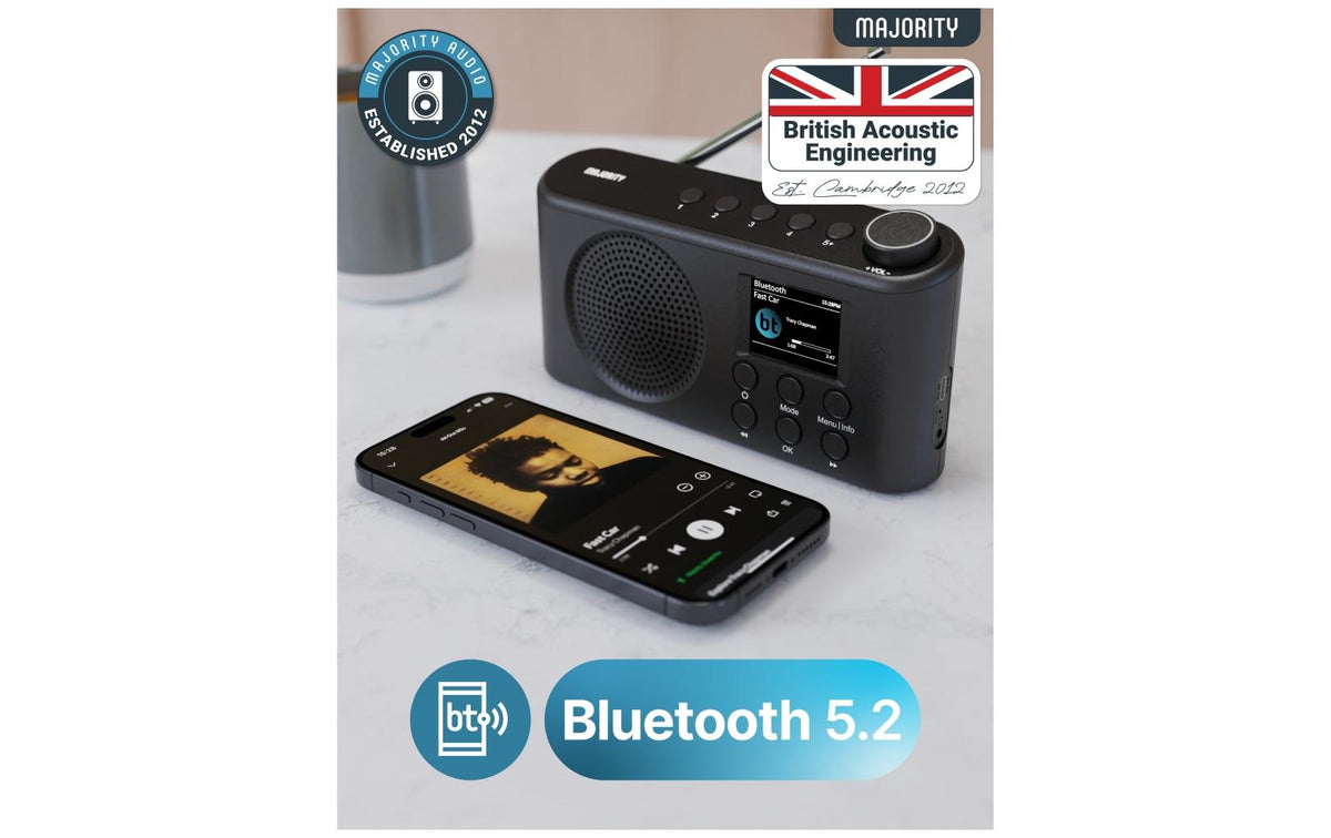 Majority Orwell-Pro – Tragbares DAB+ Radio, UKW, Bluetooth 5.2, Weckfunktion – Schwarz