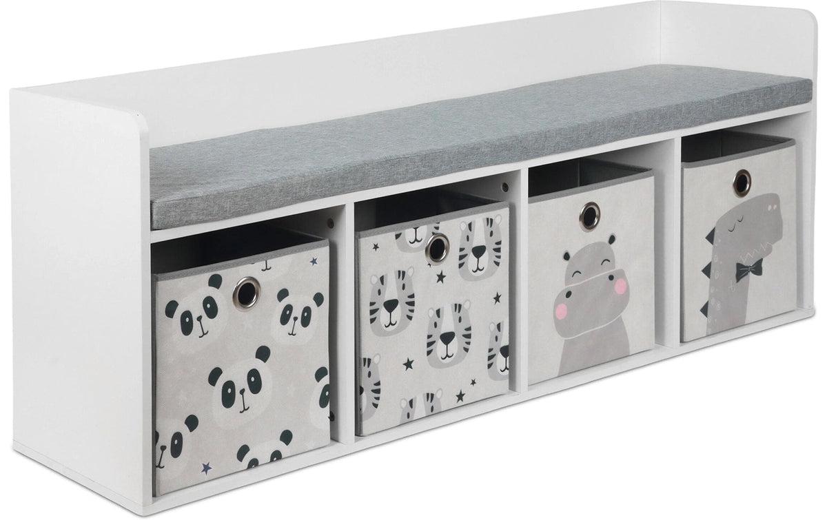 Relaxdays Kinderbank mit 4 Boxen – MDF – Grau/Weiss – 1420 × 540 × 320 mm