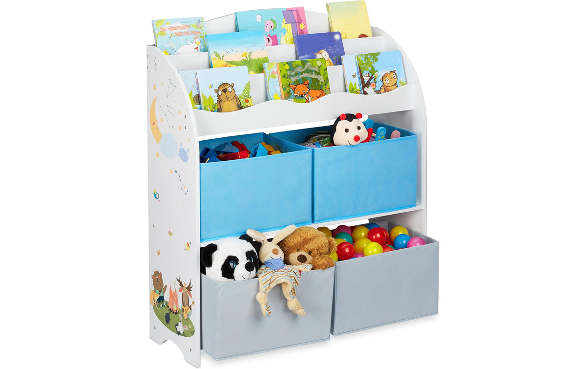 Relaxdays Beistelltisch – 82,5 × 30 × 98 cm – Faserplatte & Eisen – Grau/Hellblau/Weiss – mit 4 Stoffboxen