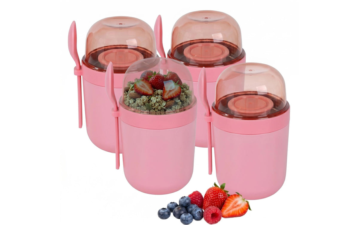 Relaxdays Müslibecher to go – 4er Set, 400 ml, Kunststoff/Silikon, Rosa, spülmaschinenfest, mikrowellenfest