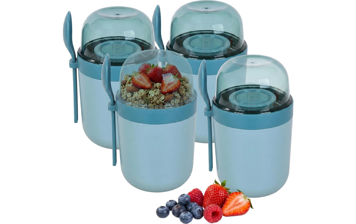 Relaxdays Müslibecher to go – 4er Set, 400 ml, Kunststoff/Silikon, Blau, spülmaschinenfest, BPA-frei