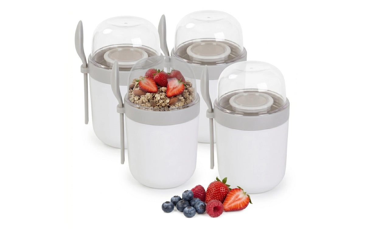 Relaxdays Müeslibecher to go – 4er Set, 400 ml, 11 × 9,5 × 16 cm, Kunststoff (PP)/Silikon
