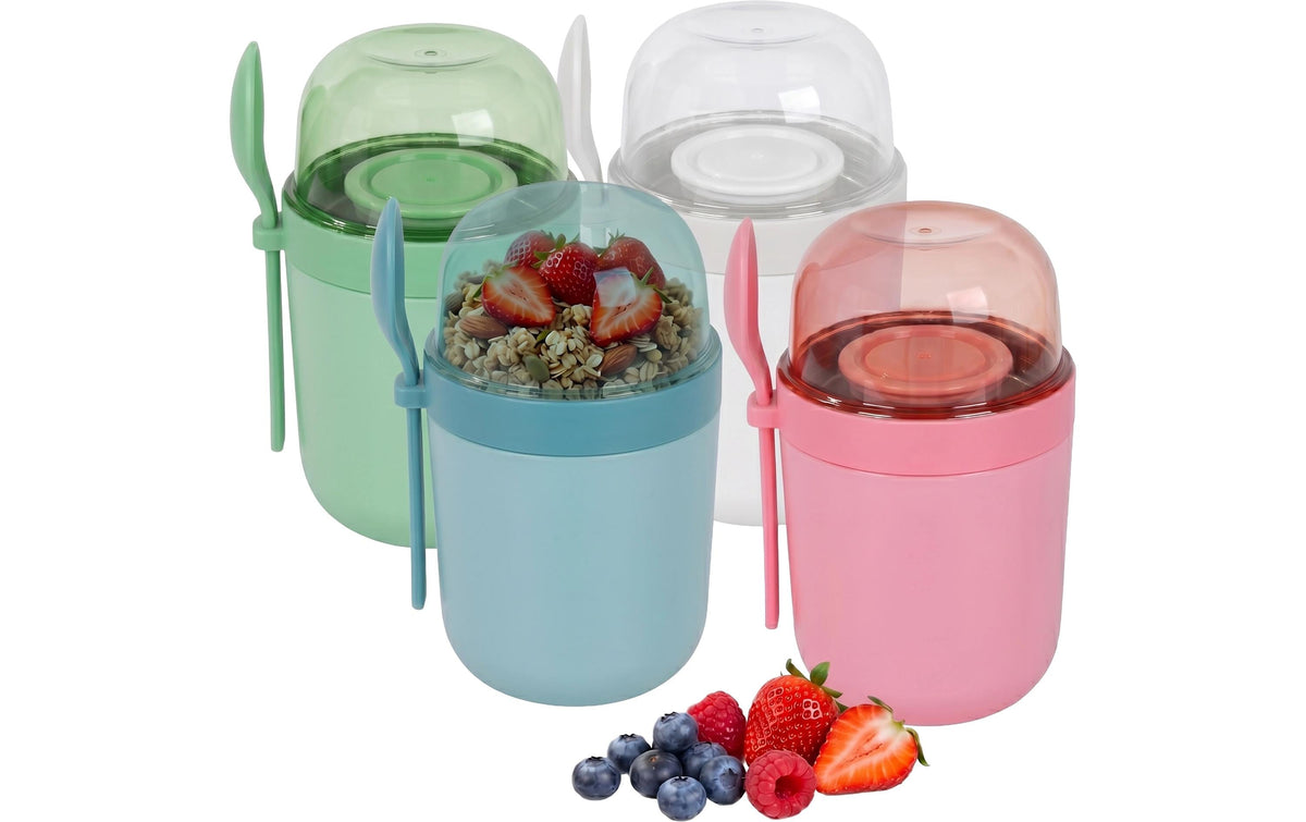 Relaxdays Müslibecher to go – 4er Set, 400 ml, Kunststoff/Silikon, spülmaschinenfest, BPA-frei