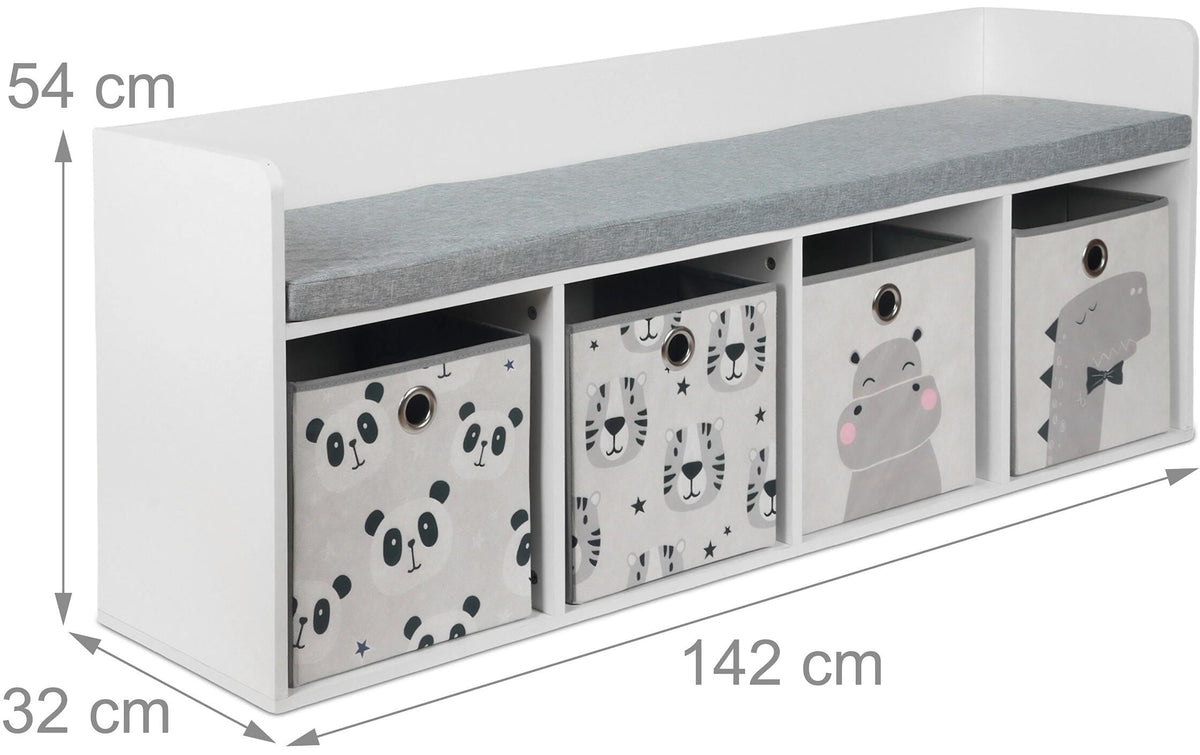Relaxdays Kinderbank mit 4 Boxen – MDF – Grau/Weiss – 1420 × 540 × 320 mm