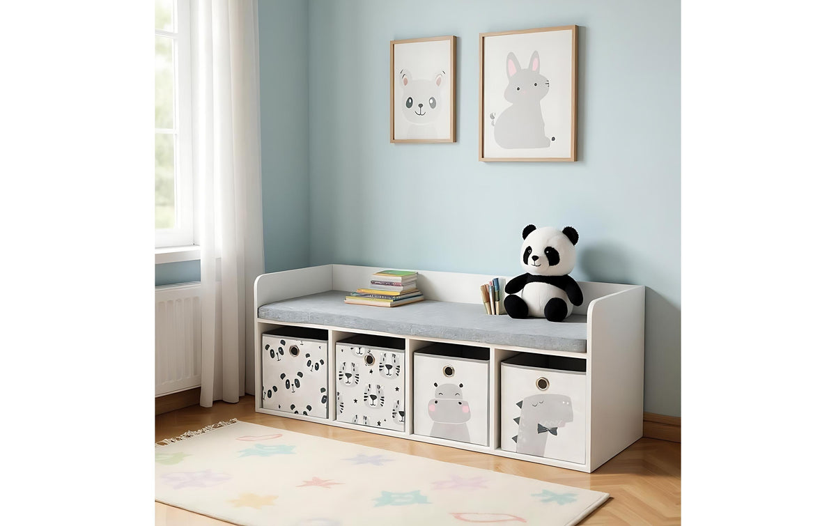 Relaxdays Kinderbank mit 4 Boxen – MDF – Grau/Weiss – 1420 × 540 × 320 mm