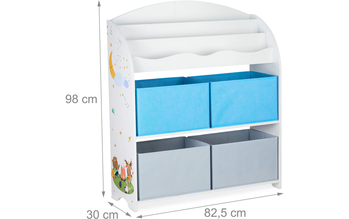 Relaxdays Beistelltisch – 82,5 × 30 × 98 cm – Faserplatte & Eisen – Grau/Hellblau/Weiss – mit 4 Stoffboxen