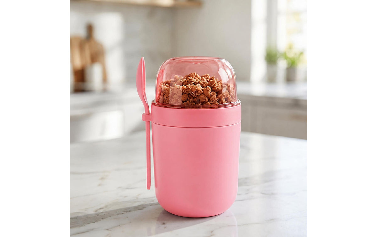 Relaxdays Müslibecher to go – 4er Set, 400 ml, Kunststoff/Silikon, Rosa, spülmaschinenfest, mikrowellenfest