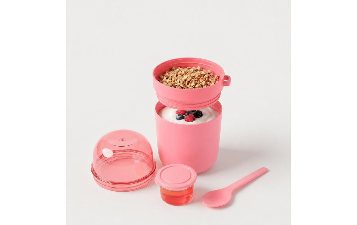 Relaxdays Müslibecher to go – 4er Set, 400 ml, Kunststoff/Silikon, Rosa, spülmaschinenfest, mikrowellenfest